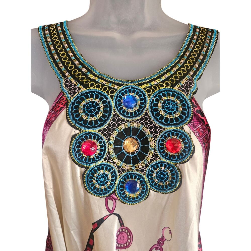 India 100% Silk Bohemian Dress White Purple Pink Beaded Embroidered One Size - Picture 4 of 9